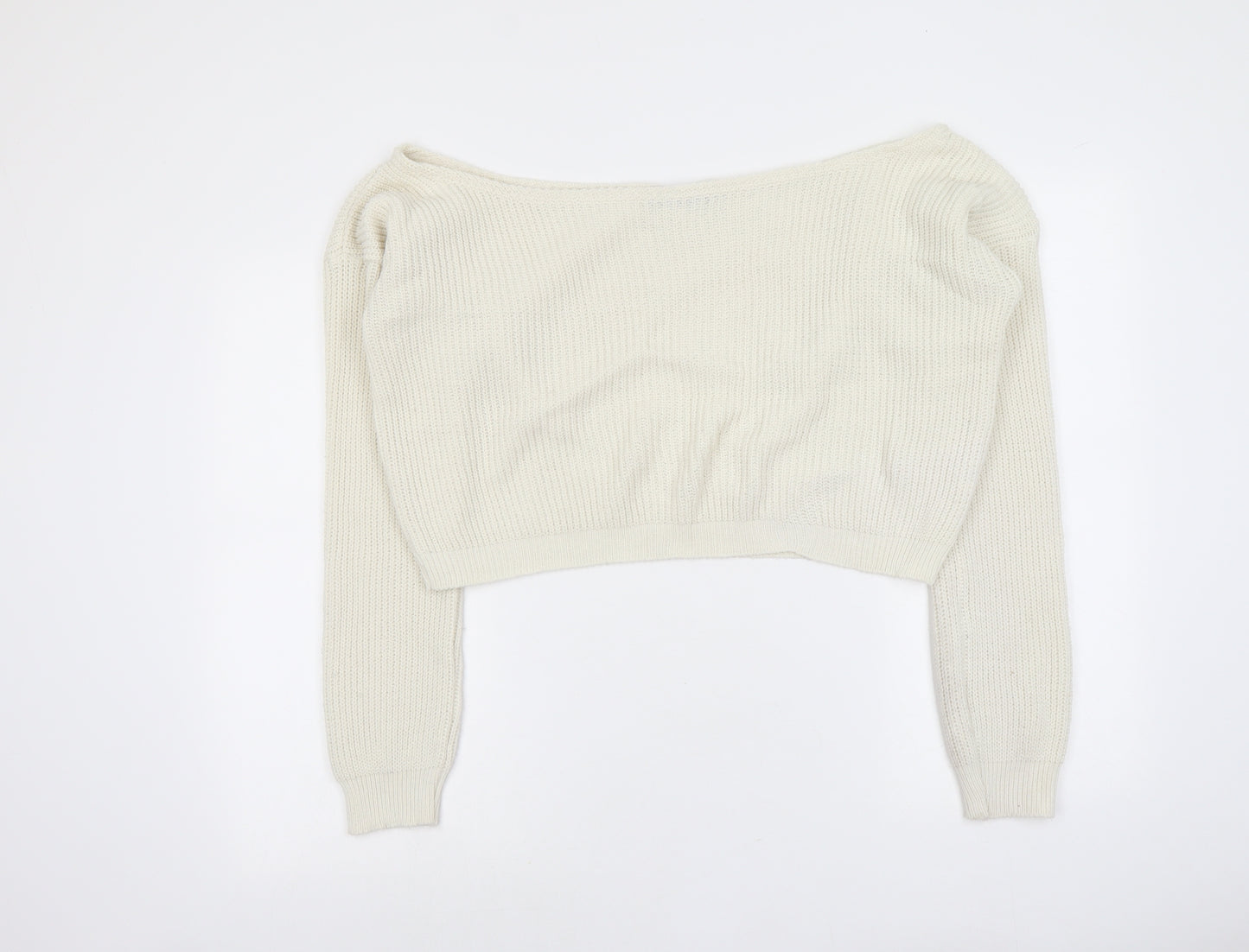 PRETTYLITTLETHING Womens Ivory Boat Neck Acrylic Pullover Jumper Size 10 - Cropped