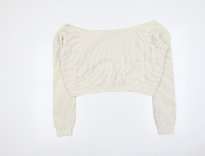 PRETTYLITTLETHING Womens Ivory Boat Neck Acrylic Pullover Jumper Size 10 - Cropped
