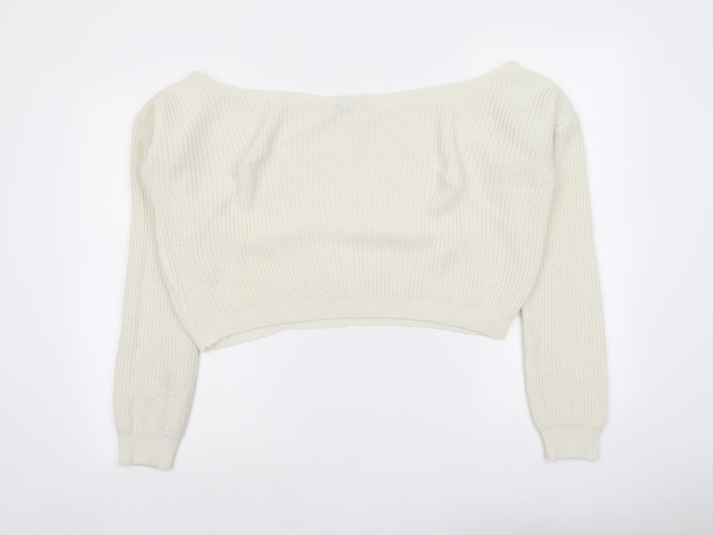 PRETTYLITTLETHING Womens Ivory Boat Neck Acrylic Pullover Jumper Size 10 - Cropped