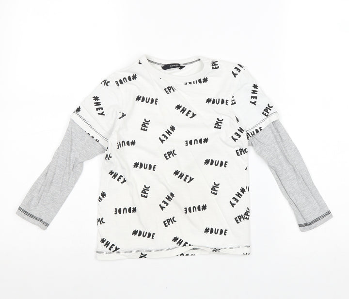 George Boys White Geometric Cotton Pullover T-Shirt Size 4-5 Years Round Neck Pullover - Hey Dude