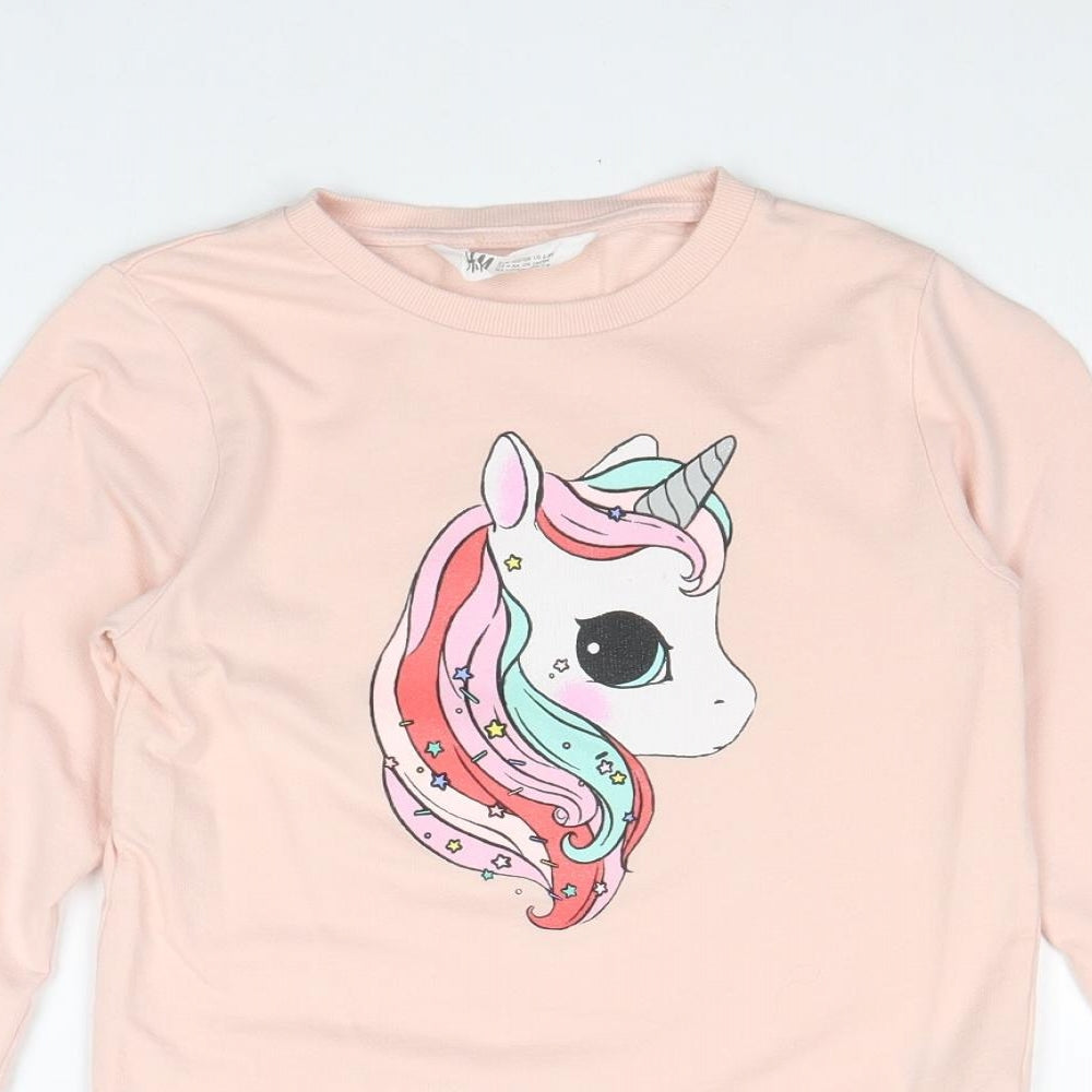 H&M Girls Pink 100% Cotton Pullover Sweatshirt Size 7-8 Years Pullover - Unicorn