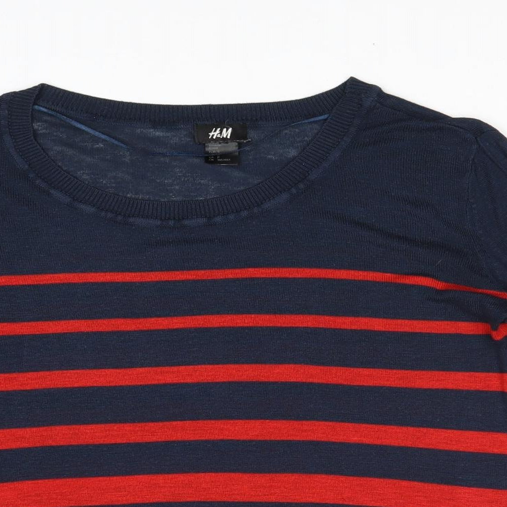 H&M Womens Blue Round Neck Striped Acrylic Pullover Jumper Size S
