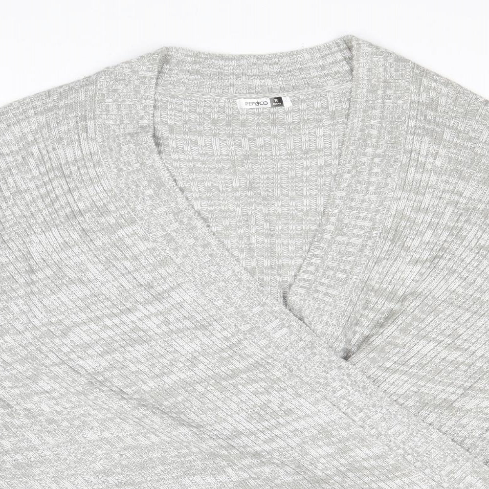 PEP&CO Womens Grey V-Neck Acrylic Pullover Jumper Size 16