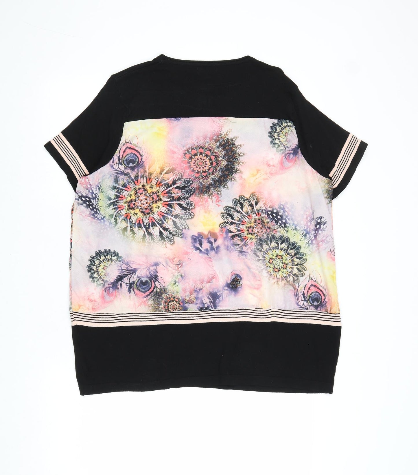 Paramour Womens Black Geometric Viscose Basic T-Shirt Size L Boat Neck