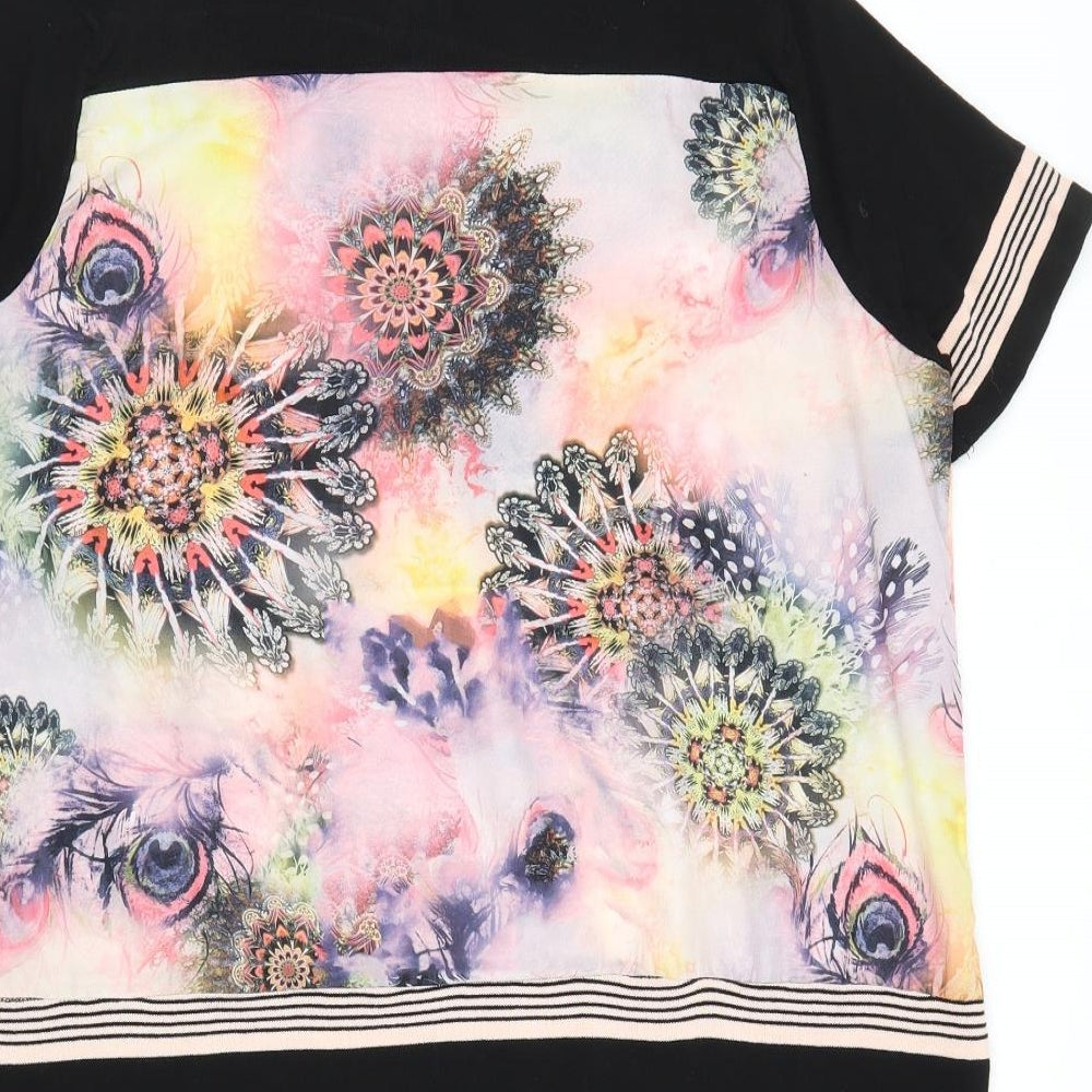 Paramour Womens Black Geometric Viscose Basic T-Shirt Size L Boat Neck