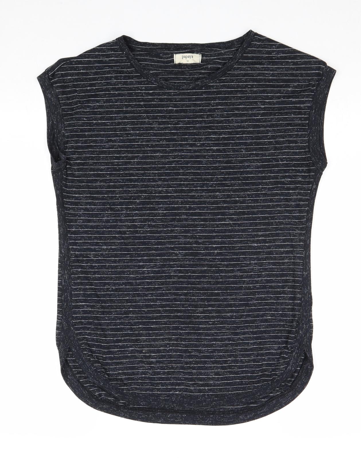 Papaya Womens Black Striped Polyester Basic T-Shirt Size 10 Boat Neck