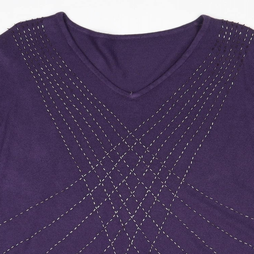 Bonmarche Womens Purple V-Neck Acrylic Pullover Jumper Size XL