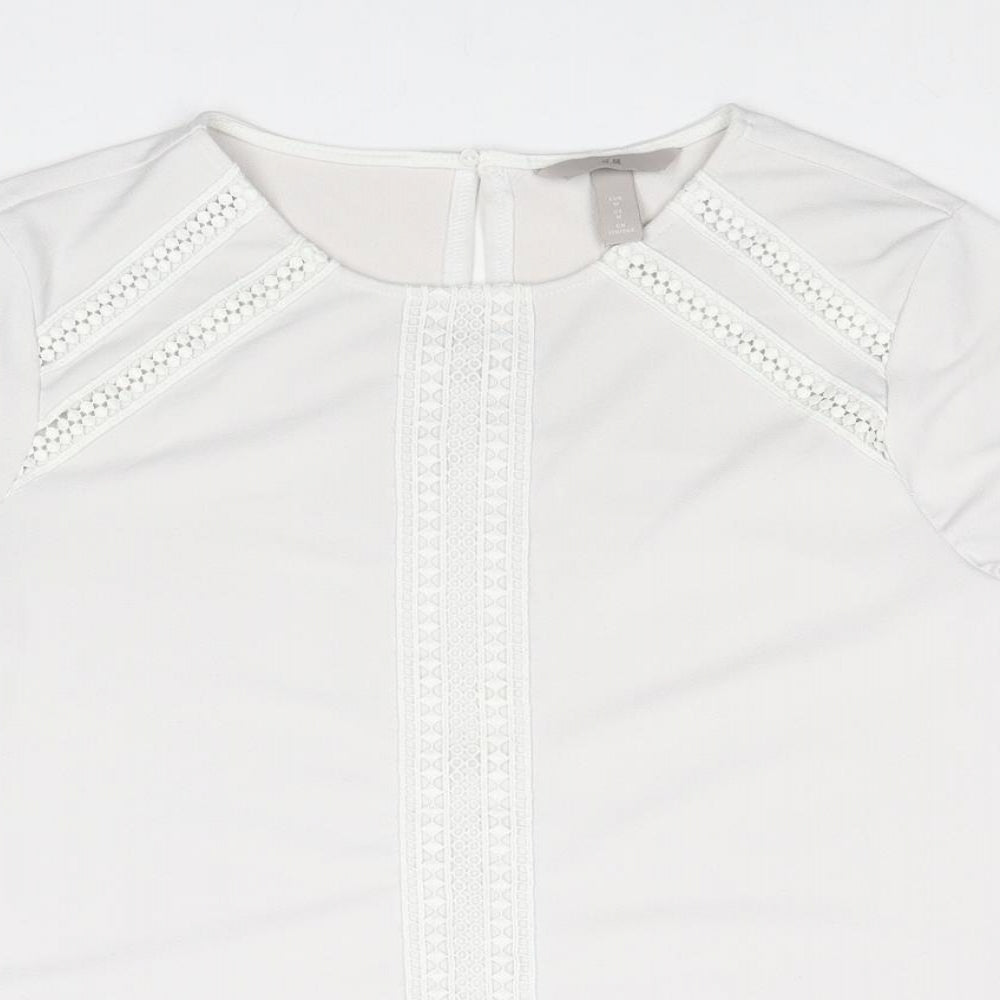 H&M Womens White Polyester Basic Blouse Size M Round Neck - Crocheted Lace Detail