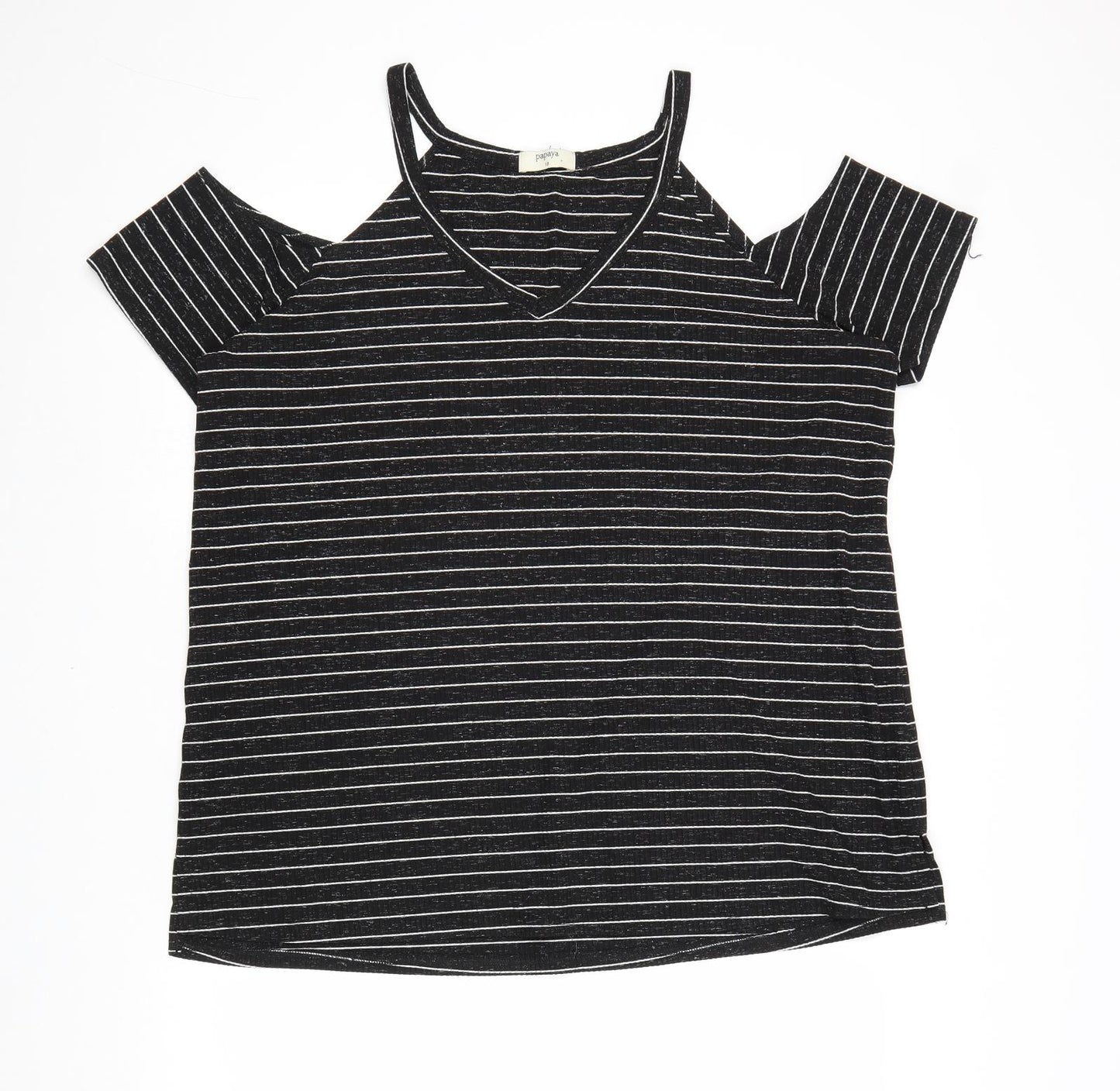 Papaya Womens Black Striped Polyester Basic T-Shirt Size 18 V-Neck - Cold Shoulder