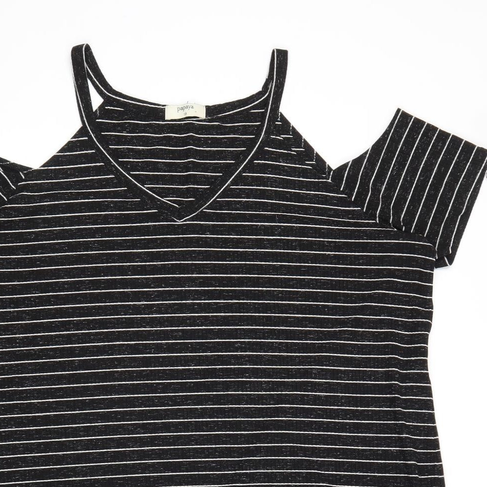 Papaya Womens Black Striped Polyester Basic T-Shirt Size 18 V-Neck - Cold Shoulder