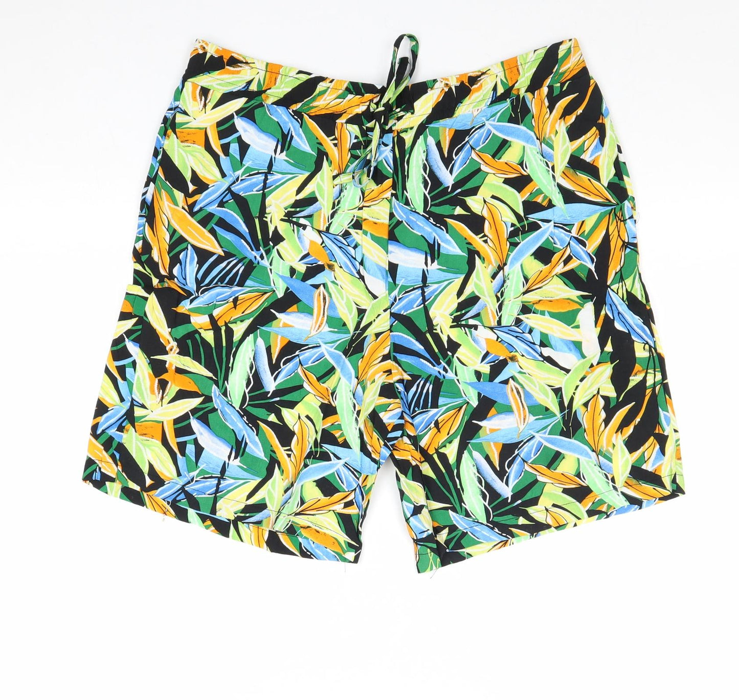Classic Womens Multicoloured Geometric Viscose Sweat Shorts Size 14 Regular Drawstring - Leaf Print