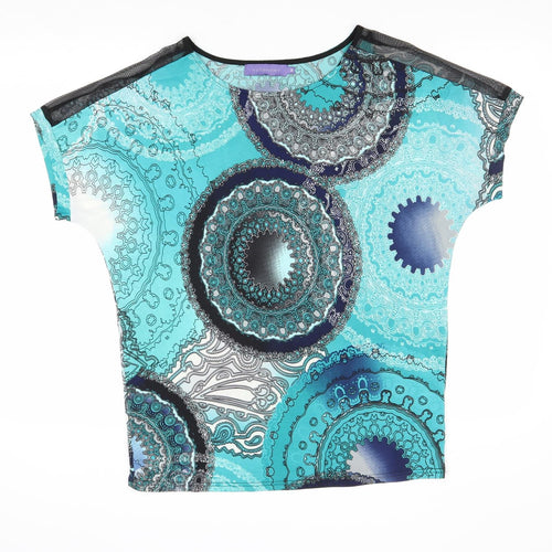 Autonomy Womens Blue Geometric Polyester Basic T-Shirt Size M Boat Neck - Mesh Panels