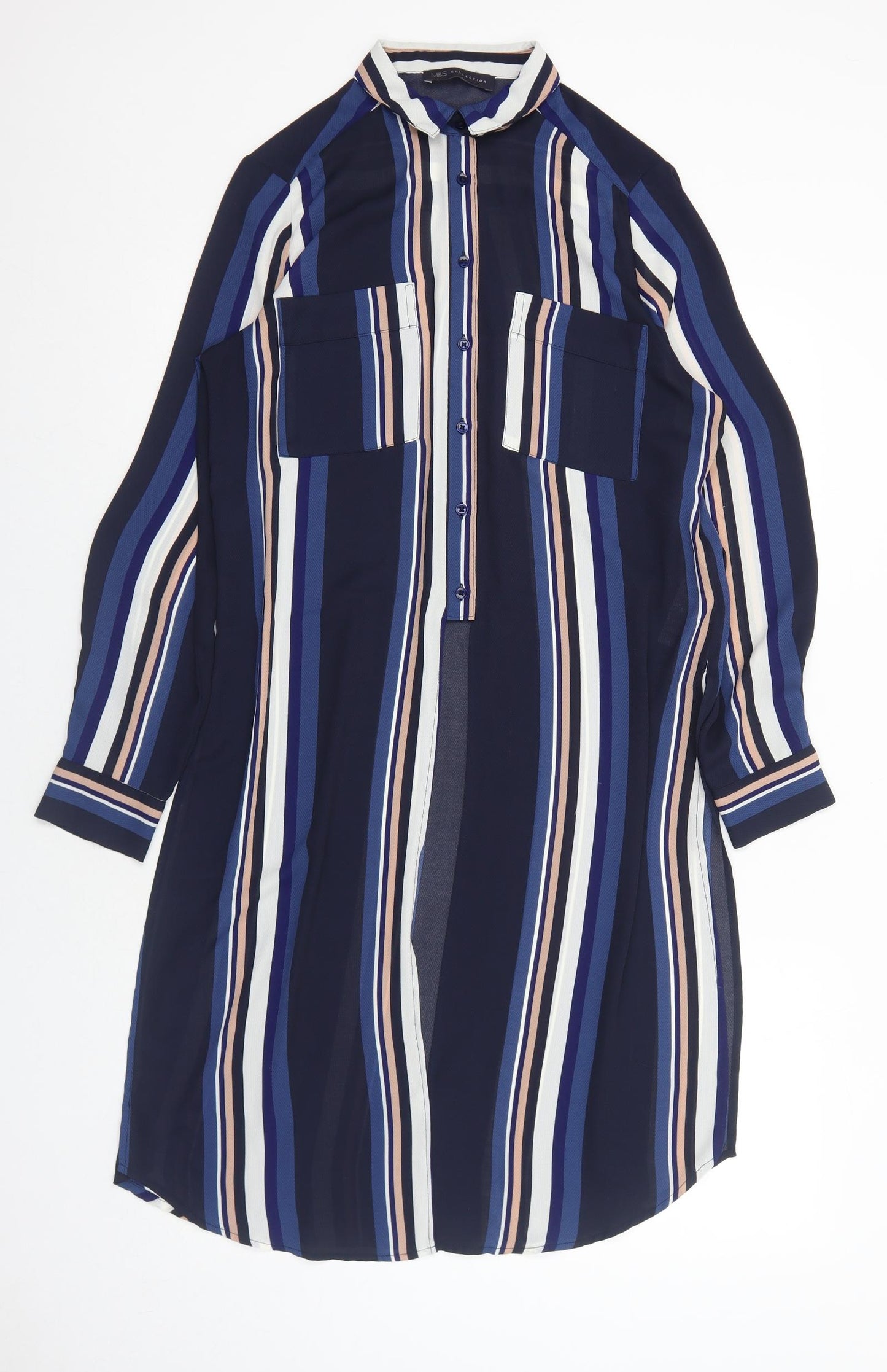 Marks and Spencer Womens Blue Striped Polyester Shirt Dress Size 10 Collared Button