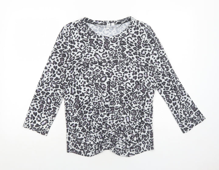 Cable & Gauge Womens Grey Animal Print Viscose Basic Blouse Size M Boat Neck - Twist Detail Leopard Print