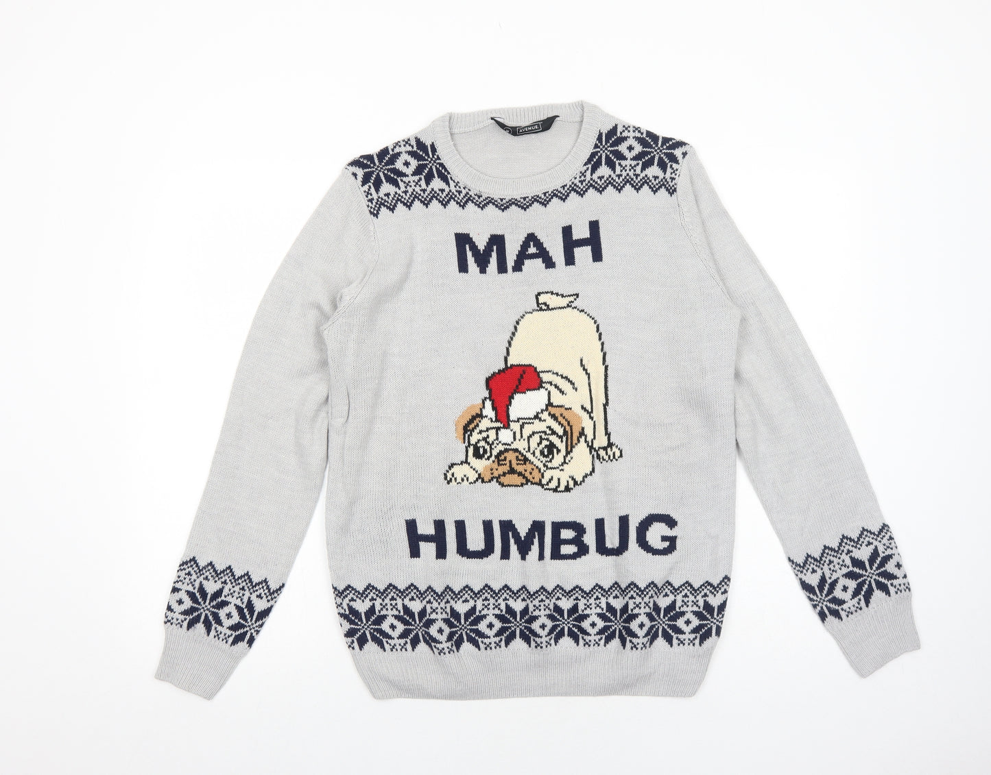 Avenue Mens Grey Round Neck Acrylic Pullover Jumper Size M Long Sleeve - Mah Humbug Pug Christmas
