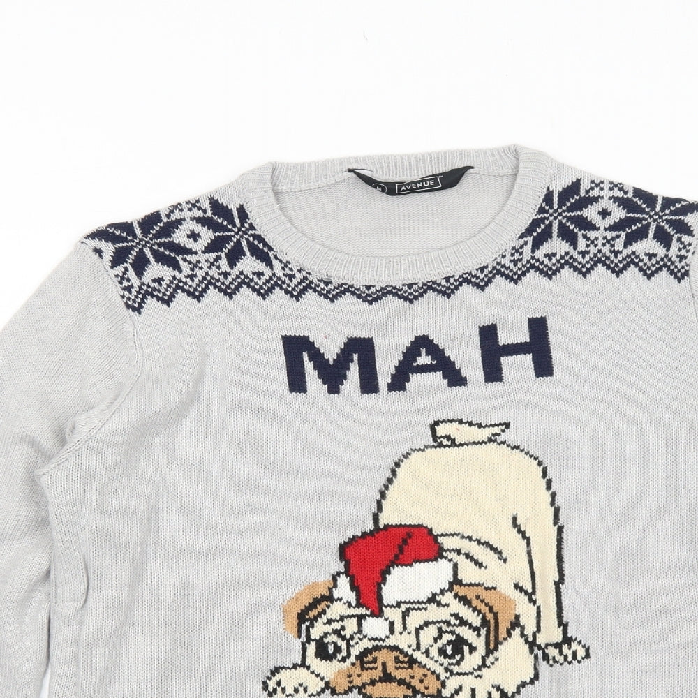 Avenue Mens Grey Round Neck Acrylic Pullover Jumper Size M Long Sleeve - Mah Humbug Pug Christmas