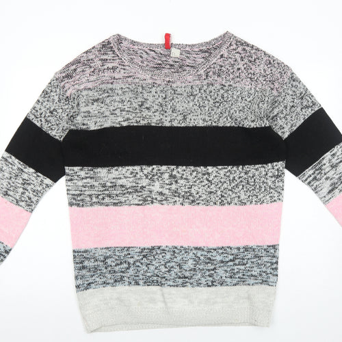 H&M Womens Grey Round Neck Striped Acrylic Pullover Jumper Size M