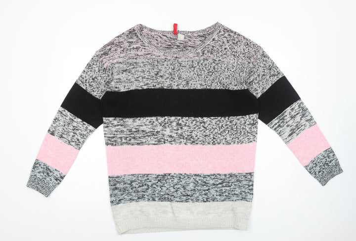 H&M Womens Grey Round Neck Striped Acrylic Pullover Jumper Size M