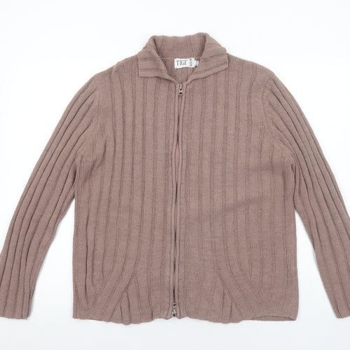 TIGI Womens Brown Collared Acrylic Full Zip Jumper Size 14