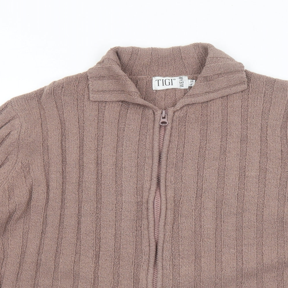 TIGI Womens Brown Collared Acrylic Full Zip Jumper Size 14