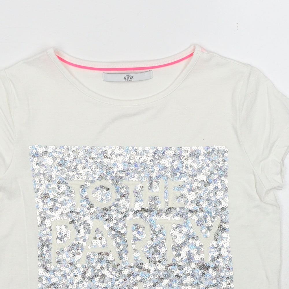 Marks and Spencer Girls White Viscose Basic T-Shirt Size 7-8 Years Round Neck Pullover - To The Party