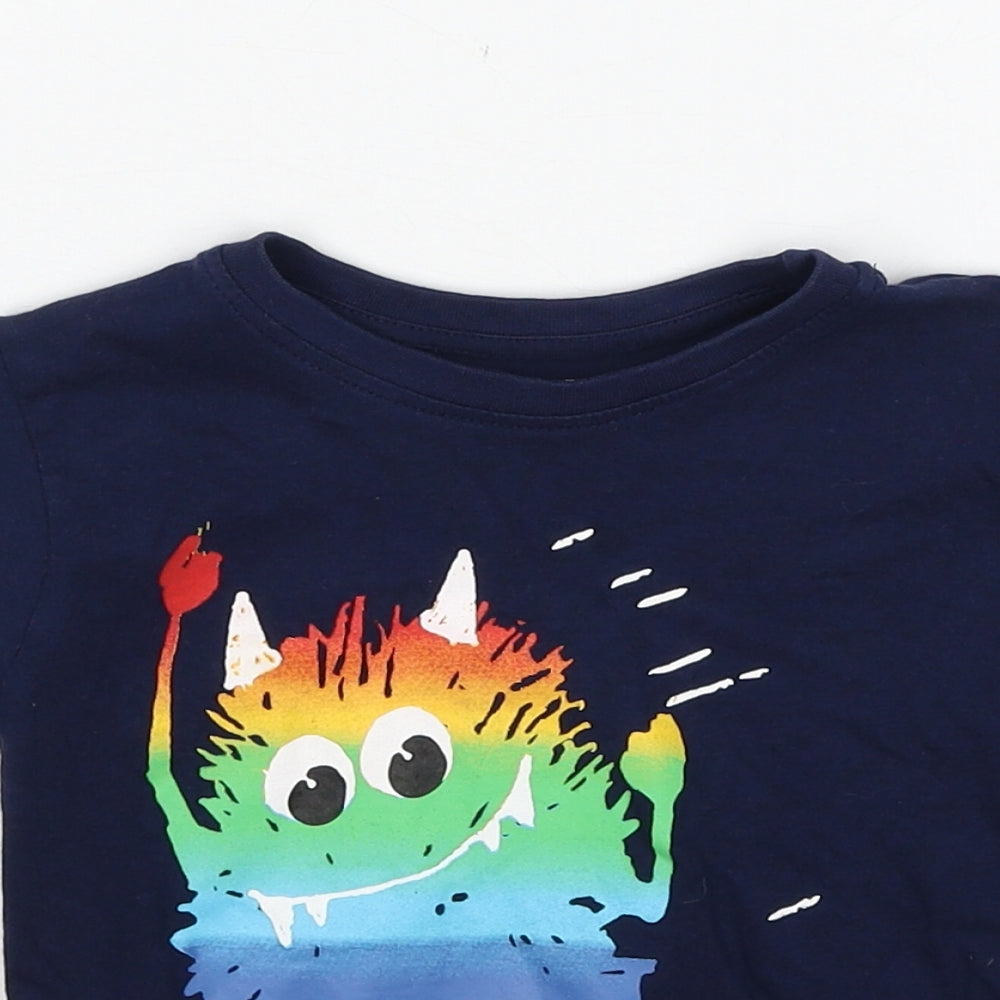 Primark Boys Blue Cotton Pullover T-Shirt Size 2-3 Years Round Neck Pullover - Cute Monster