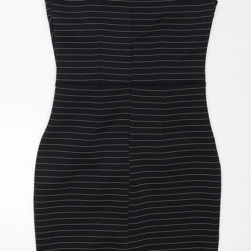 Miss Selfridge Womens Black Striped Polyester Shift Size 8 Round Neck Zip