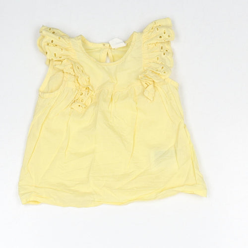 H&M Girls Yellow Cotton Basic Tank Size 6-9 Months Round Neck Button - Broderie Anglaise