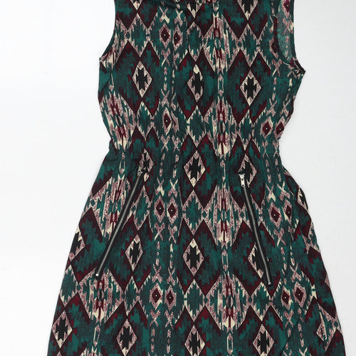 Mela London Womens Green Geometric Polyester A-Line Size 8 Round Neck Zip