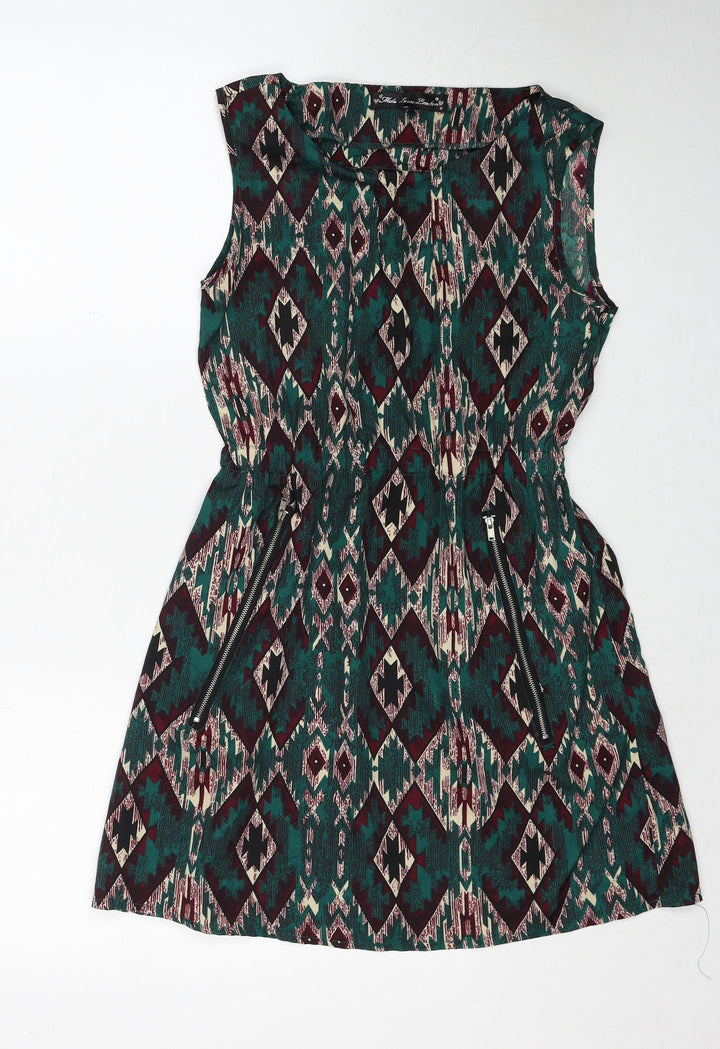 Mela London Womens Green Geometric Polyester A-Line Size 8 Round Neck Zip