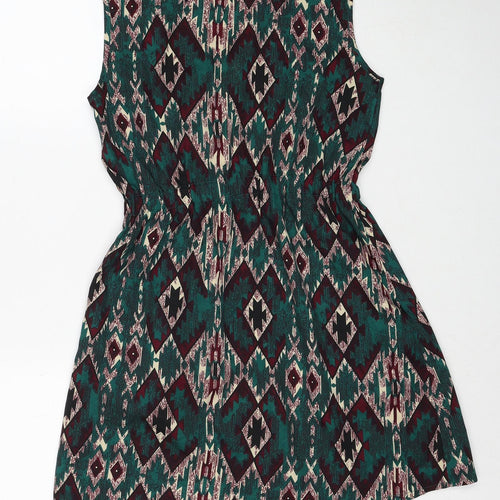 Mela London Womens Green Geometric Polyester A-Line Size 8 Round Neck Zip