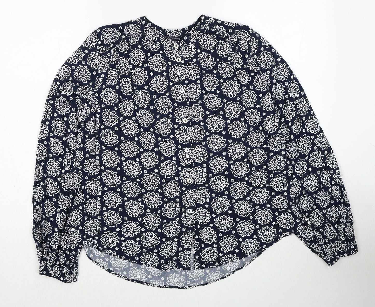 Marks and Spencer Womens Blue Geometric Viscose Basic Button-Up Size 10 Round Neck