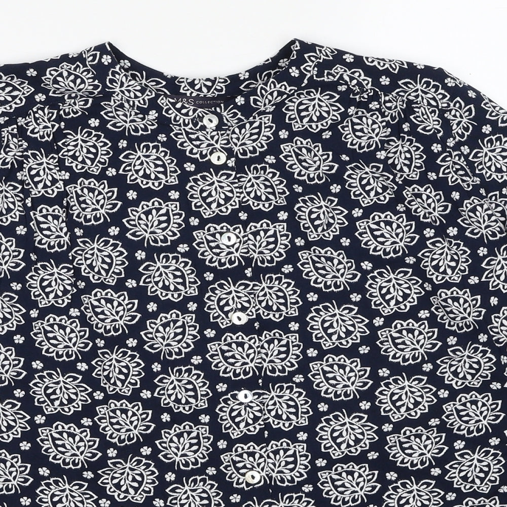 Marks and Spencer Womens Blue Geometric Viscose Basic Button-Up Size 10 Round Neck