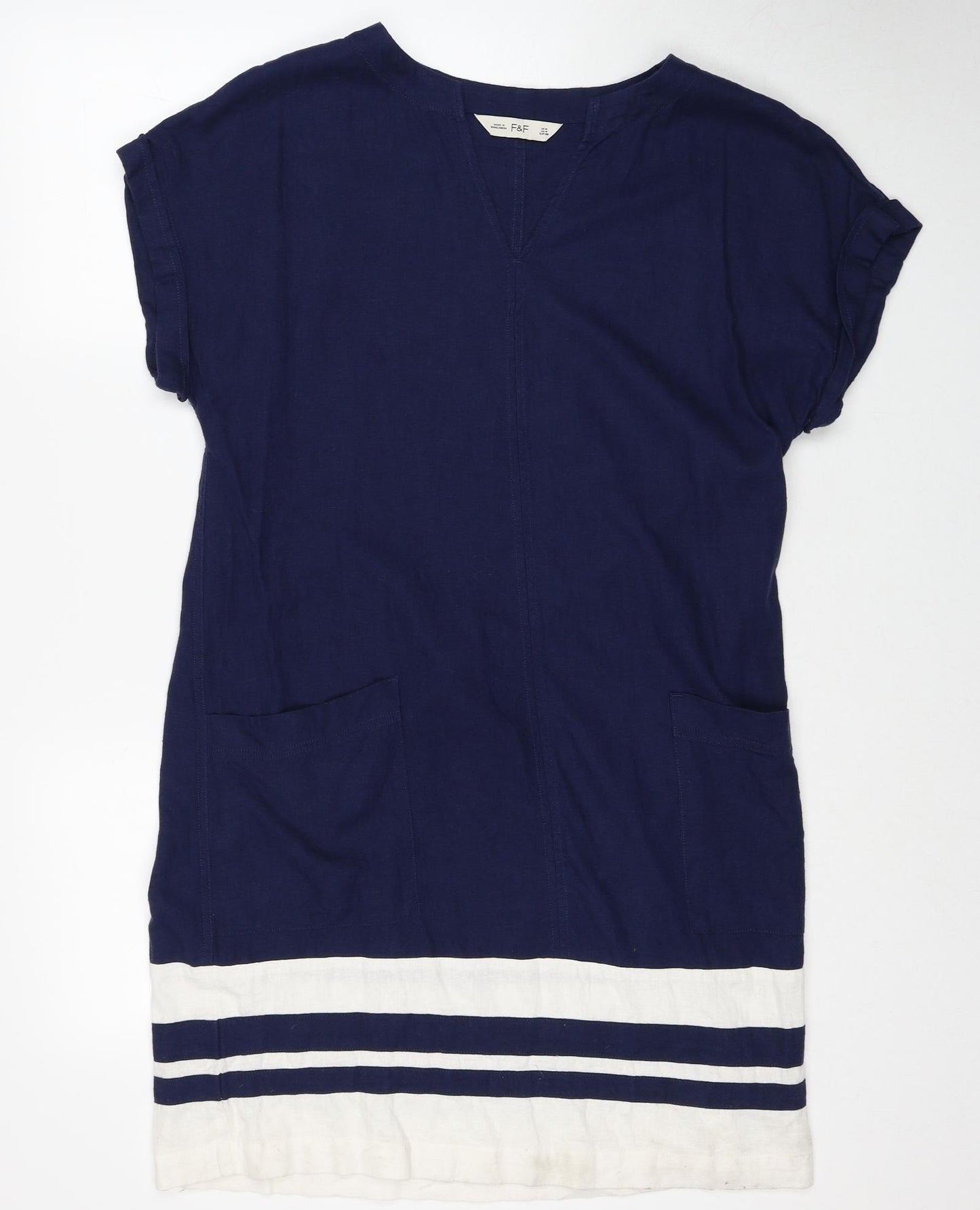 F&F Womens Blue Striped Linen A-Line Size 8 V-Neck Pullover