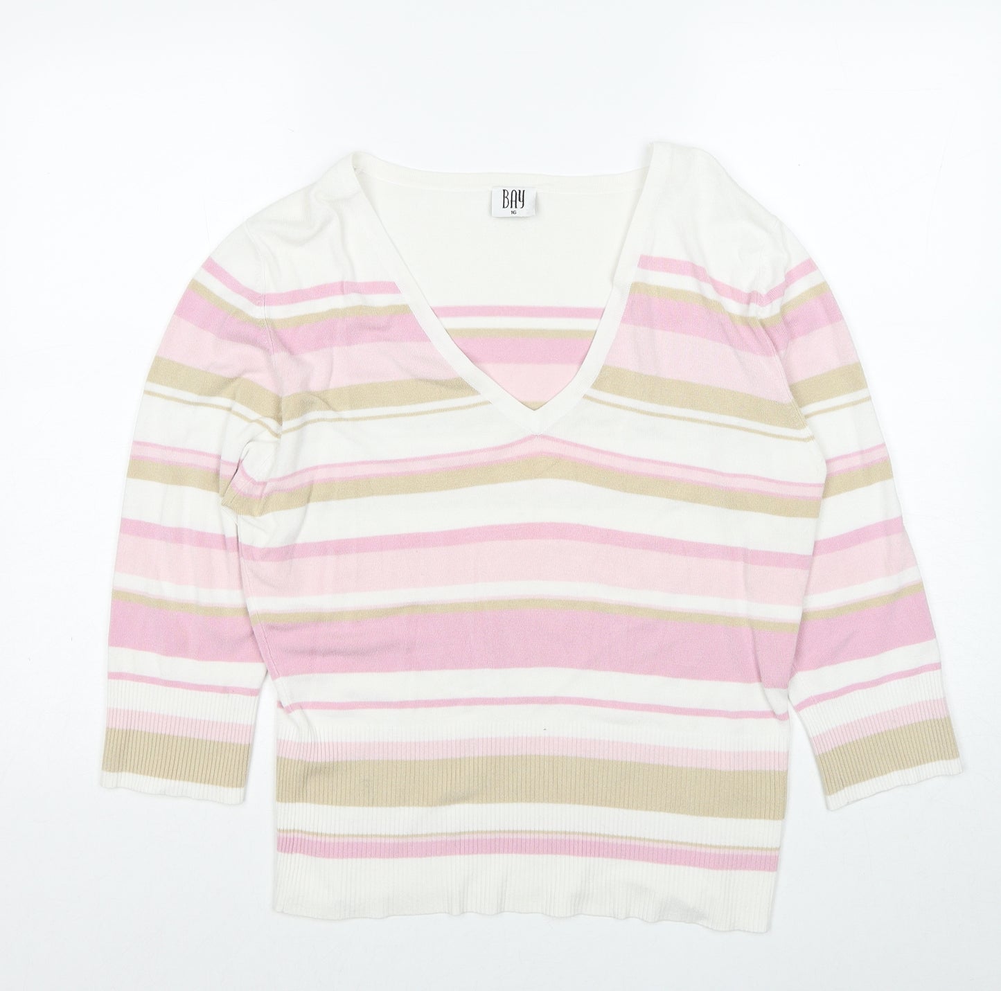 BAY Womens Multicoloured V-Neck Striped Viscose Pullover Jumper Size 16