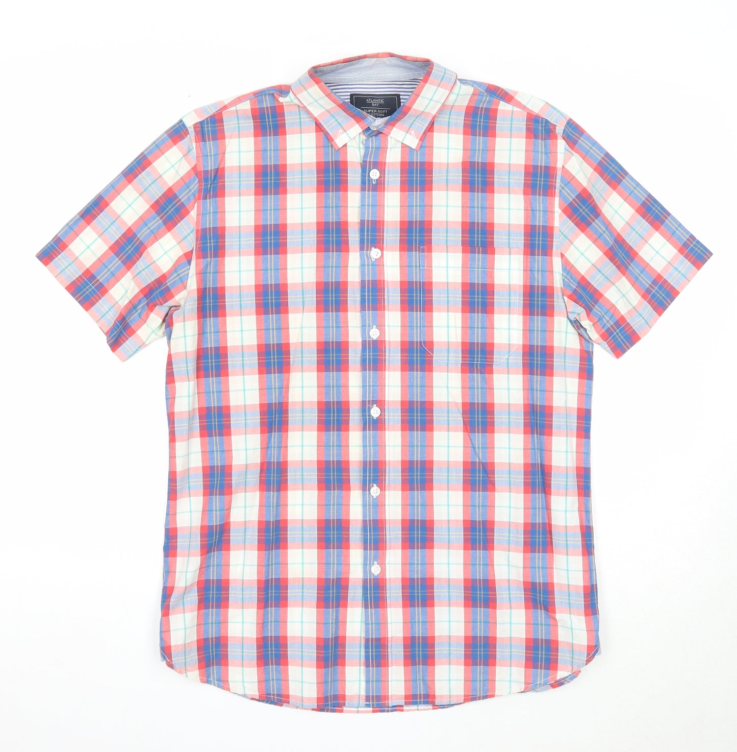 Atlantic Bay Mens Multicoloured Plaid Cotton Button-Up Size M Collared Button