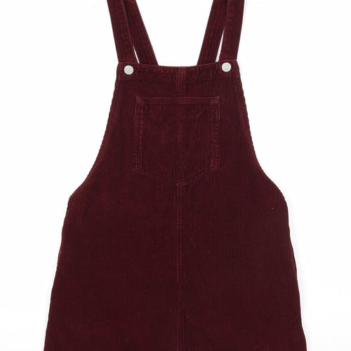 Topshop Womens Red Cotton Pinafore/Dungaree Dress Size 4 Square Neck Button