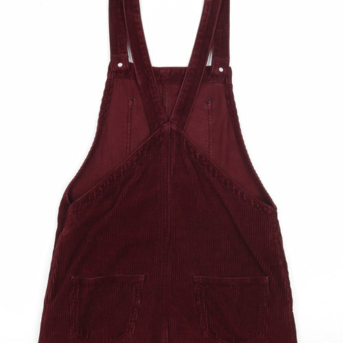 Topshop Womens Red Cotton Pinafore/Dungaree Dress Size 4 Square Neck Button