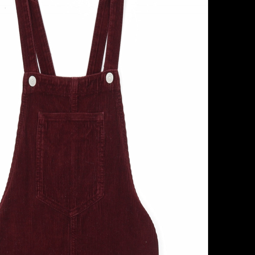 Topshop Womens Red Cotton Pinafore/Dungaree Dress Size 4 Square Neck Button