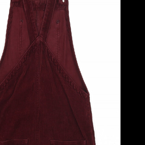 Topshop Womens Red Cotton Pinafore/Dungaree Dress Size 4 Square Neck Button