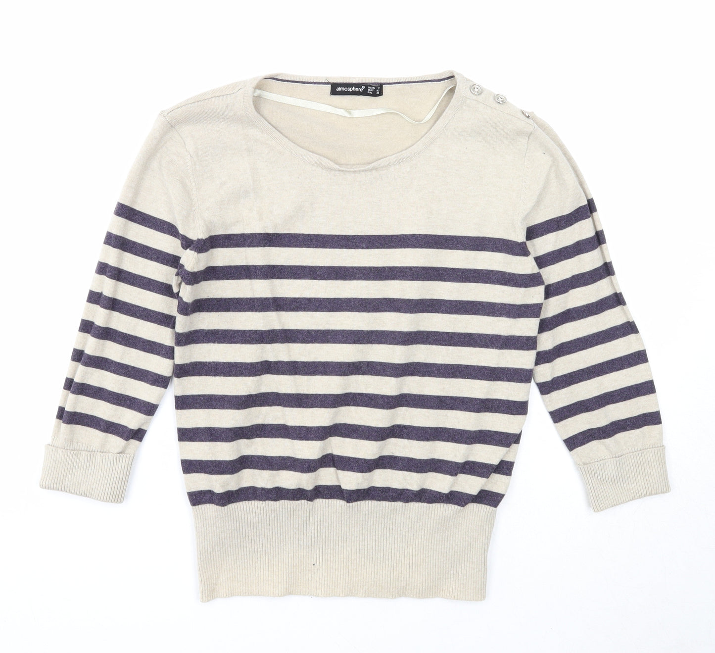 Atmosphere Womens Beige Round Neck Striped Cotton Pullover Jumper Size 12