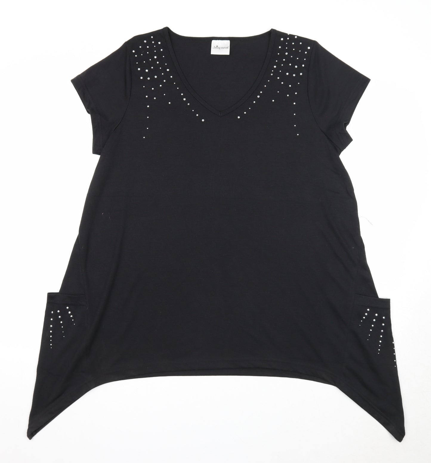 Being Casual Womens Black Polyester Basic Blouse Size 14 V-Neck