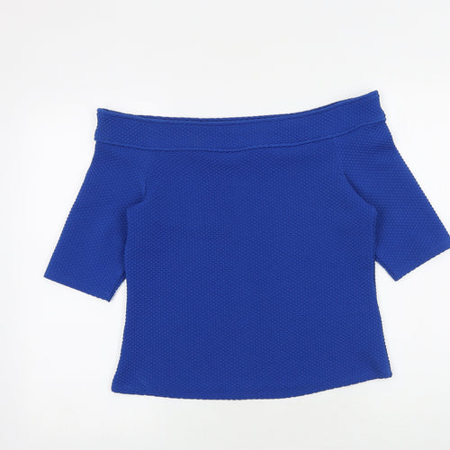 South Womens Blue Geometric Polyester Basic Blouse Size 14 Off the Shoulder