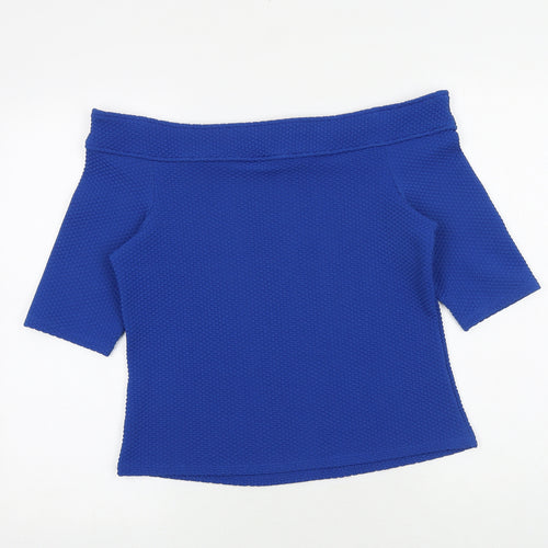 South Womens Blue Geometric Polyester Basic Blouse Size 14 Off the Shoulder