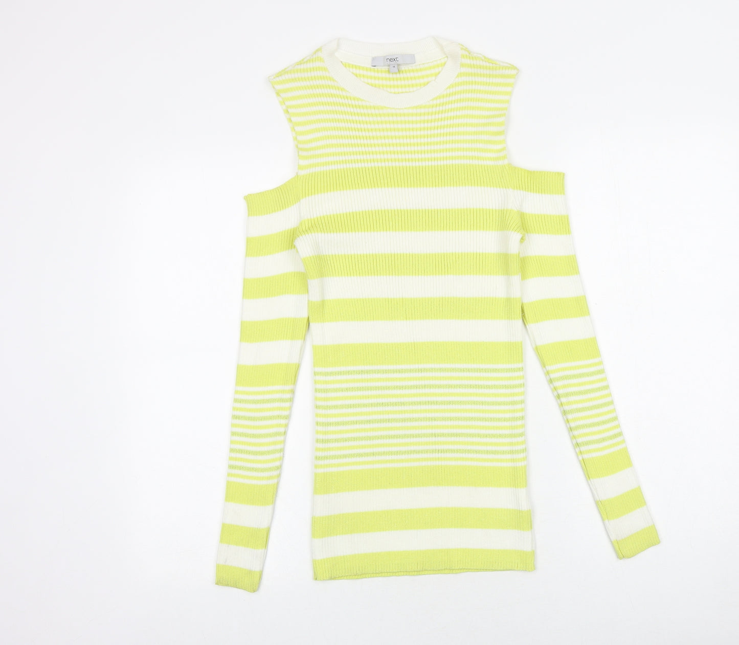 NEXT Womens Yellow Round Neck Striped Cotton Pullover Jumper Size 16 - Cold Shoulder