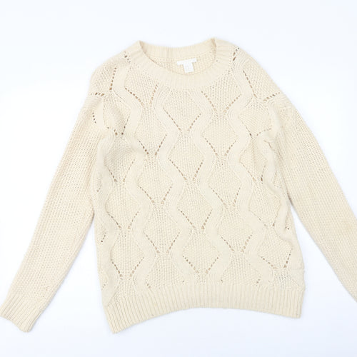 H&M Womens Beige Boat Neck Acrylic Pullover Jumper Size XS
