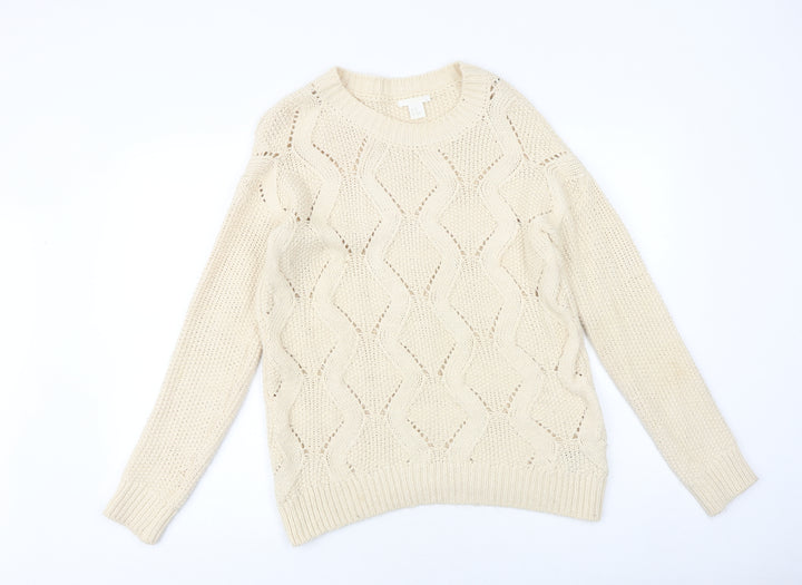 H&M Womens Beige Boat Neck Acrylic Pullover Jumper Size XS