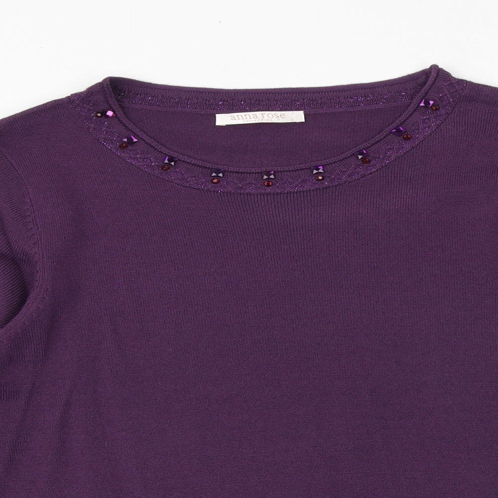 Anna rose Womens Purple Boat Neck Acrylic Pullover Jumper Size L - Embellished Neckline
