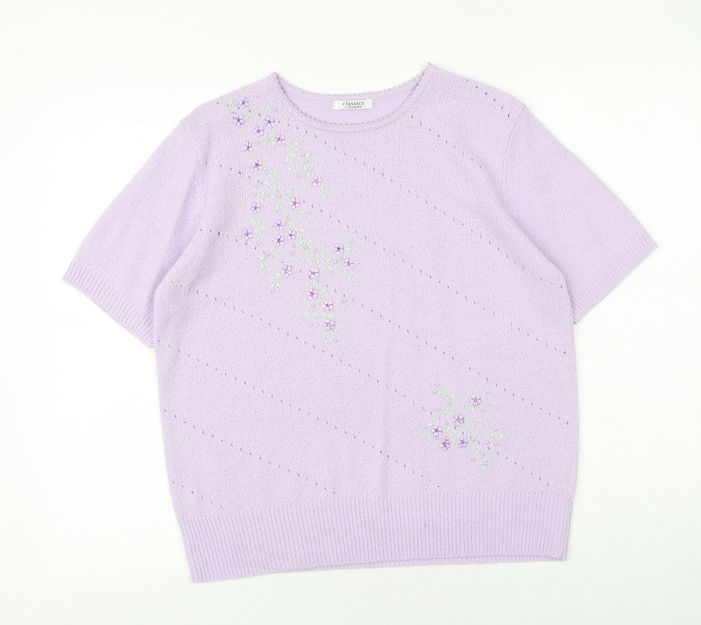Berkertex Womens Purple Round Neck Acrylic Pullover Jumper Size 14 - Floral Detail