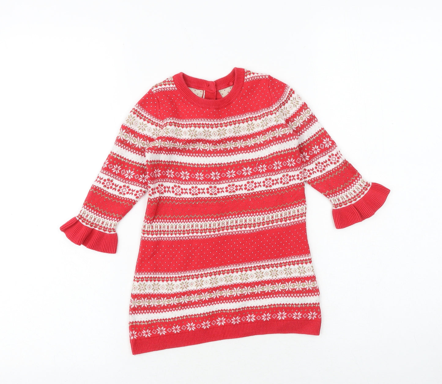 Marks and Spencer Baby Red Geometric Acrylic Jumper Dress Size 18-24 Months Round Neck Button